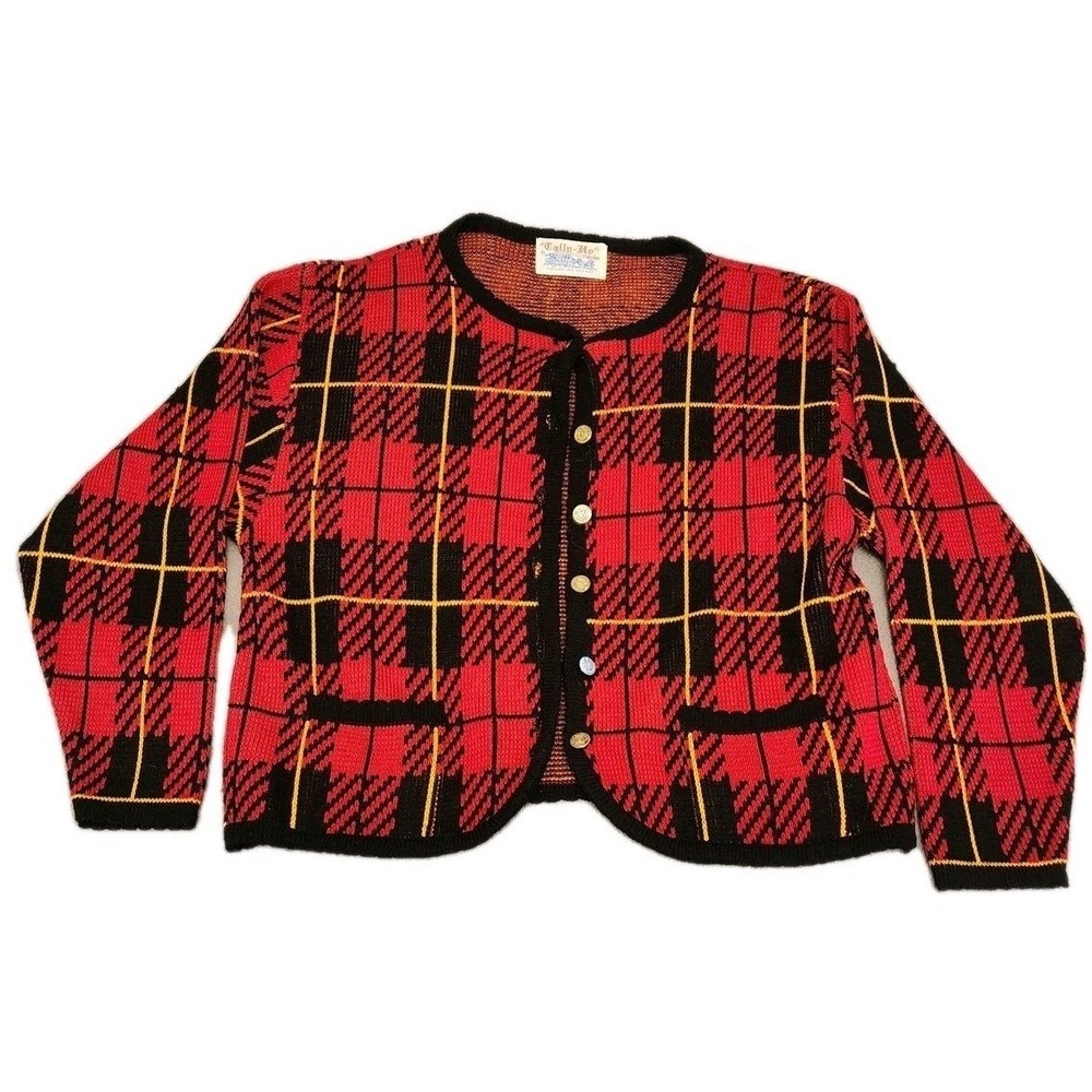 Vintage‎ Tally Ho Womens S M Red Black Plaid Cardigan Sweater 1980s Gold Buttons